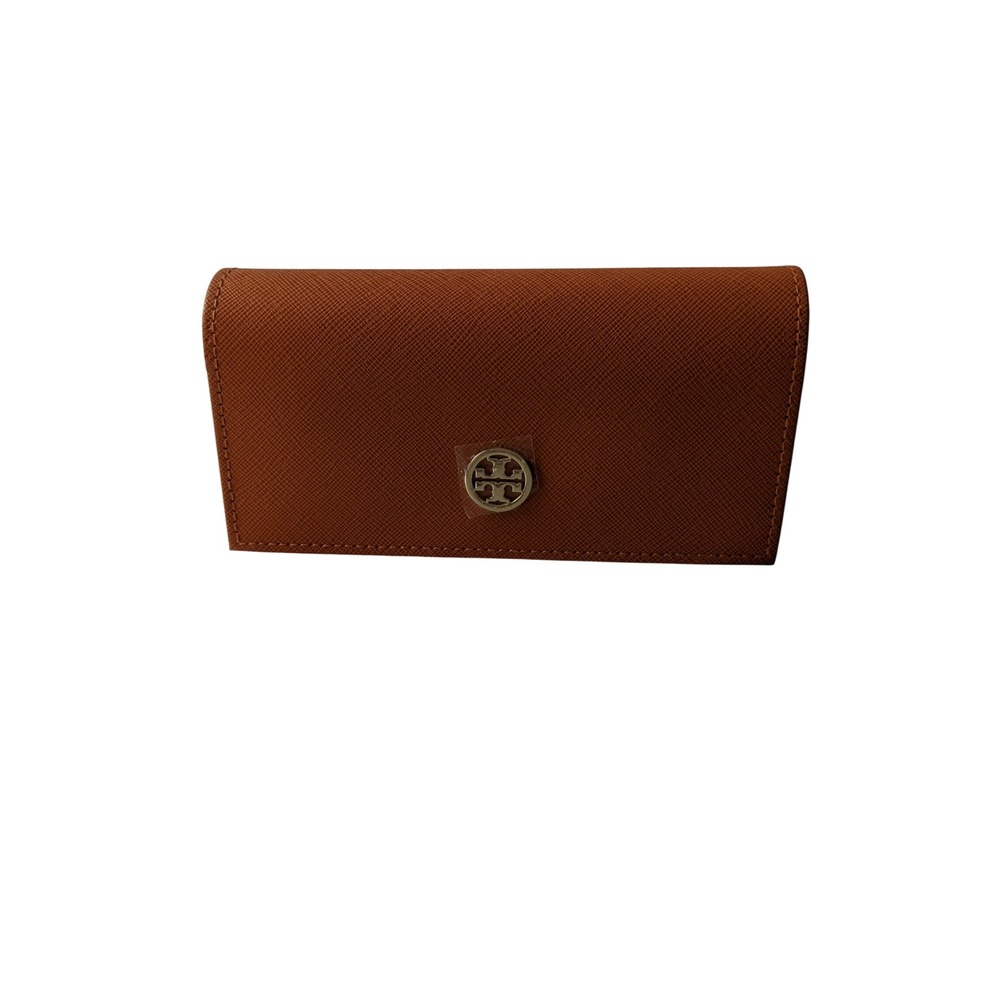Tory Burch Robinson Saffiano Leather Eyeglass Case Brown Gold Logo Accessory
